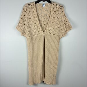 GAP Vintage 90s Y2K Crochet Duster Long Cardigan Sweater Knit Medium Tan Preppy